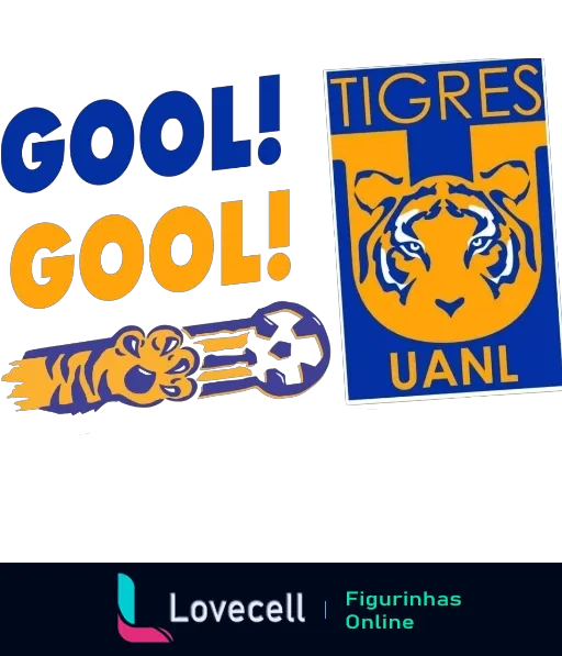 Logotipo dos Tigres UANL com cabeça de tigre e texto 'GOOL!' em laranja celebrando gol do time