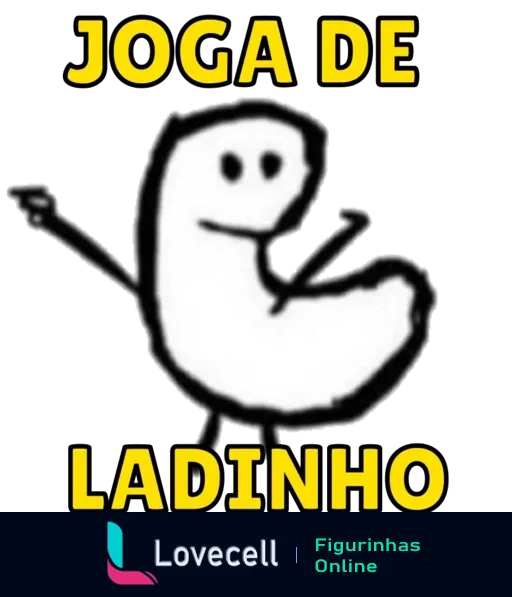 Figurinha com personagem branco, olhos pretos e sorriso largo segurando um violão, com texto 'JOGA DE LADINHO' em letras amarelas sobre fundo preto, transmitindo uma vibe divertida e musical