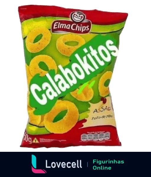 Figurinha de pacote de salgadinhos Calabokitos Elma Chips de 100g, predominância de cor verde com texto em amarelo e branco, destacando que é feito de milho