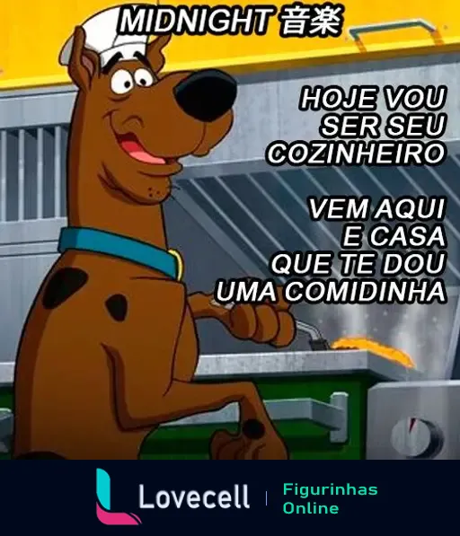 Imagem de um personagem canino animado com chapéu de cozinheiro, em frente a um fogão. Texto na imagem: 'HOJE VOU SER SEU COZINHEIRO VEM AQUI E CASA QUE TE DOU UMA COMIDINHA'.