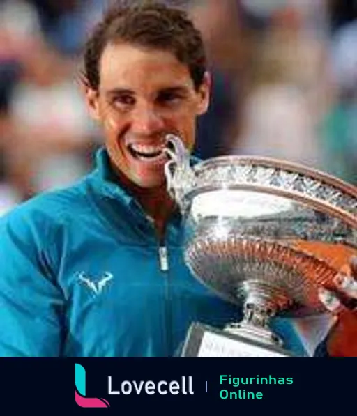 Rafael Nadal sorrindo e mordendo o troféu de tênis, vestido com camiseta azul, transmitindo felicidade e triunfo