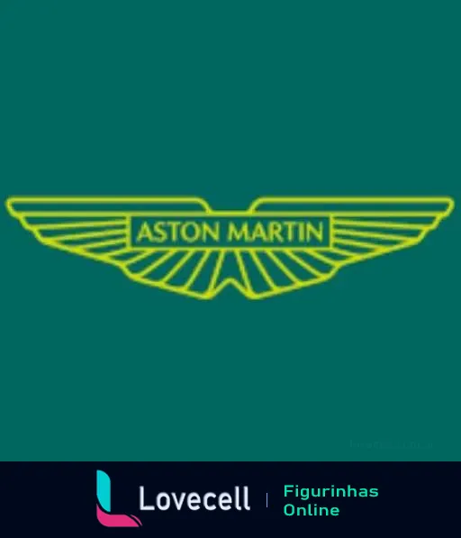 Logotipo da Aston Martin com asas estilizadas e nome centralizado em faixa, sobre fundo verde com detalhes amarelo