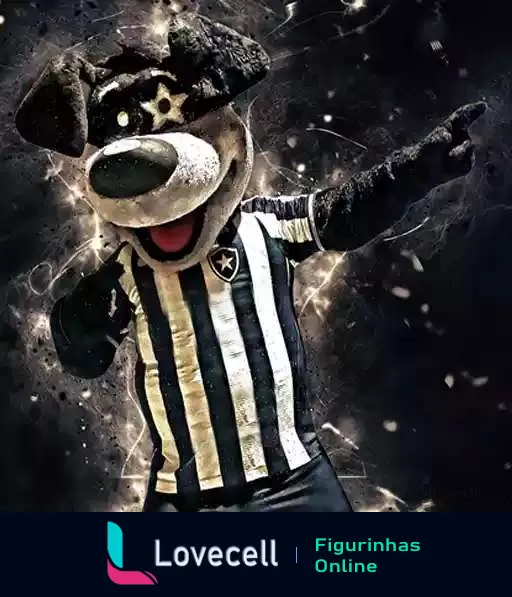 Mascote do Botafogo, cachorro com uniforme do time, em fundo energético de fumaça e luzes, exibindo postura vitoriosa e entusiasmada