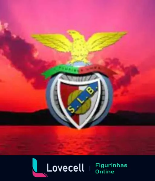 Emblema do Sport Lisboa e Benfica com águia no topo sobre pôr do sol em tons de rosa e laranja, simbolizando paixão e tradição do clube