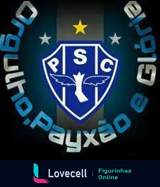 Figurinha do escudo do Paysandu Sport Club com fundo azul, sigla PSC, faixa inscrita Paysandu, frase Bicola do Coração e estrela dourada