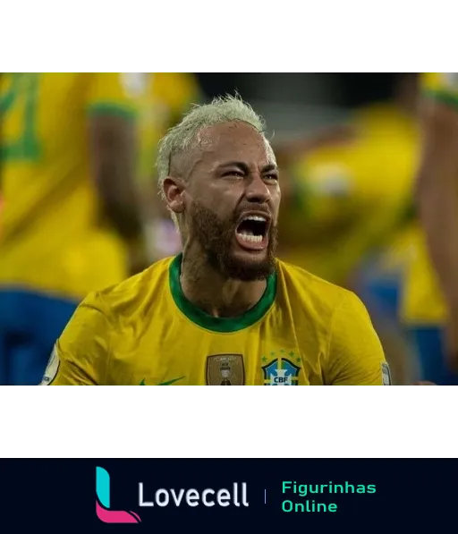 Jogador famoso da Seleção Brasileira com cabelo loiro e barba, vestindo uniforme amarelo, comemorando intensamente durante jogo de futebol