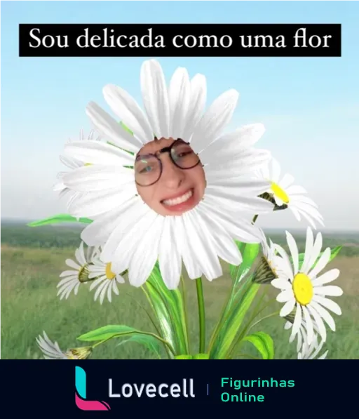 Rosto sorridente no centro de uma margarida branca com a frase 'Sou delicada como uma flor' em um campo aberto