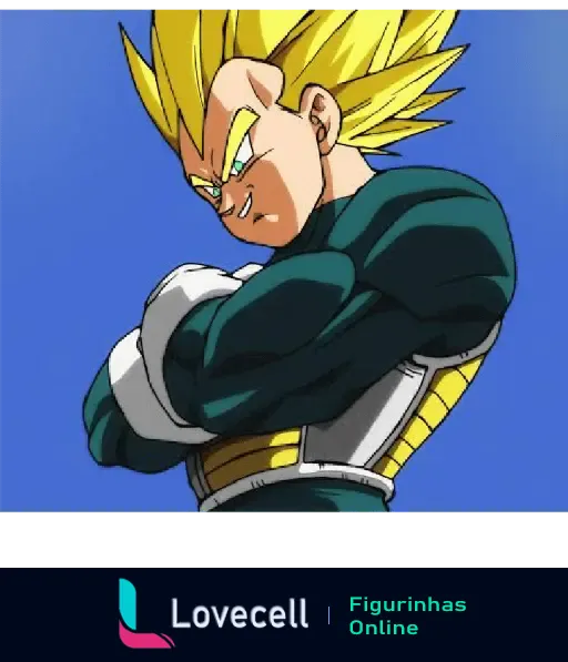 Imagem do Vegeta em sua forma Super Saiyajin com cabelos loiros espetados e uniforme azul, cruzando os braços e com expressão séria.