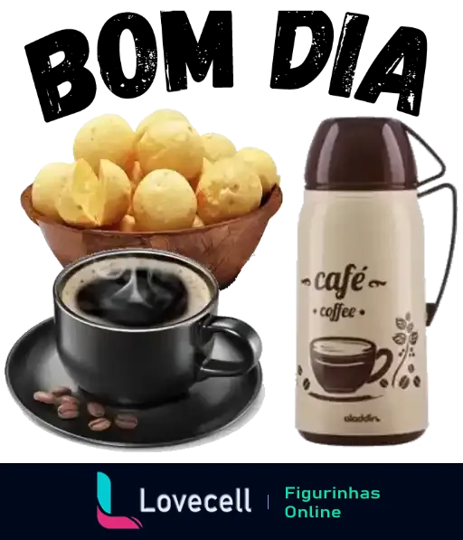 Café da manhã brasileiro com cesta de pães de queijo e café preto fumegante em xícara preta ao lado de garrafa térmica com a palavra 'café'