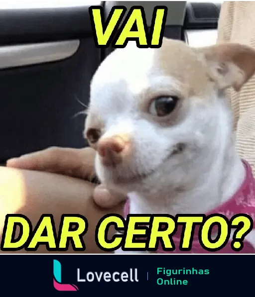 Figurinha de um cachorro com expressão engraçada e o texto 'Vai Dar Certo?', perfeita para usar em conversas de namorados.