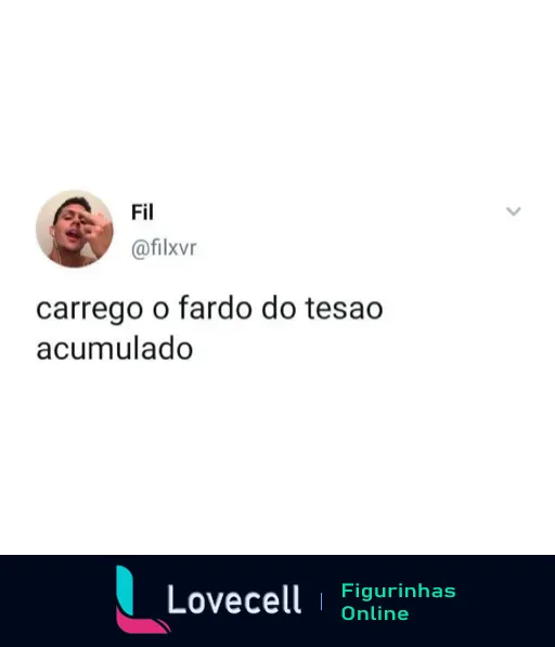 Imagem de um jovem com expressão divertida, acompanhado do texto 'carrego o fardo do tesão acumulado'. Título: 'Carrego o fardo do tesão acumulado'.