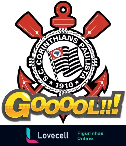 Emblema do Corinthians com grito 'Goooool!!!', elementos vermelhos e âncora simbolizando força e tradição