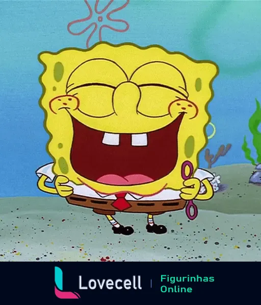 Bob Esponja quadrado sorrindo, olhos fechados, soprando bolhas de sabão de forma divertida e alegre. 