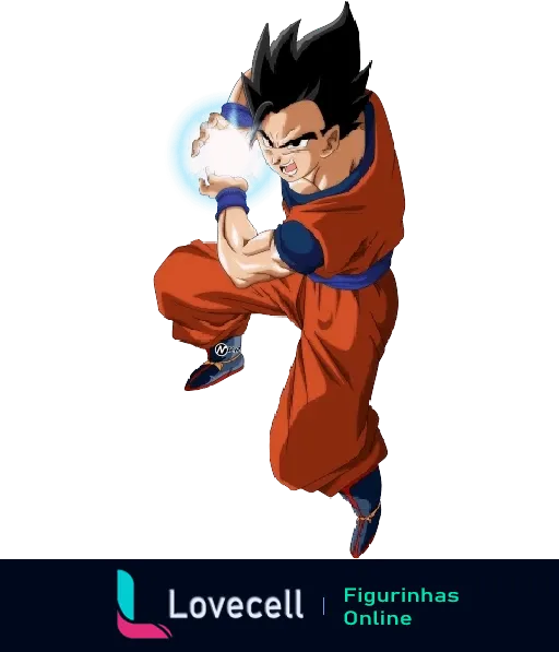 Goku, o famoso personagem de Dragon Ball, vestido com seu uniforme laranja, lançando o poderoso ataque Kamehameha.