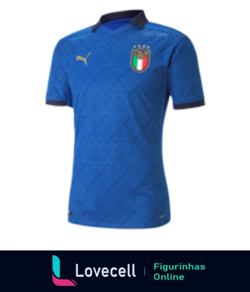 Figurinha da camisa oficial da seleção italiana de futebol, cor azul com detalhes na gola e escudo nacional no peito, design geométrico elegante