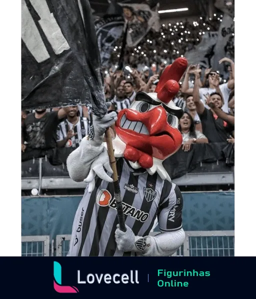 Mascote do Atlético MG, um galo animado segurando bandeira do time com torcida ao fundo comemorando