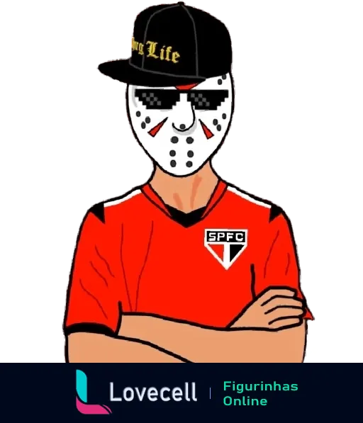 Figurinha do São Paulo Futebol Clube com personagem usando máscara de Jason e boné 'Thug Life'