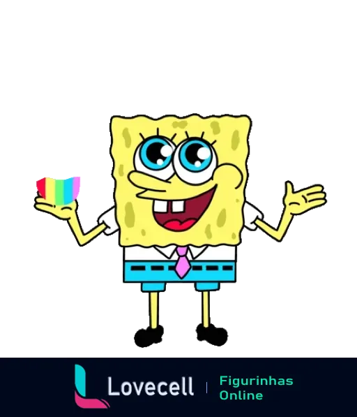 Bob Esponja sorridente segurando uma bandeira colorida, usando camisa branca, gravata vermelha, calça marrom e sapatos pretos