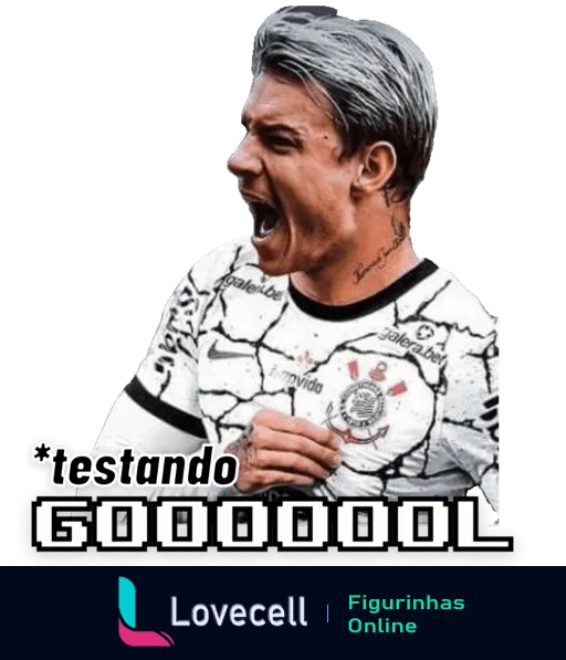 Jogador do Corinthians comemorando gol, vestindo camisa branca e preta, com texto 'Testando GOOOOOOL' destacado