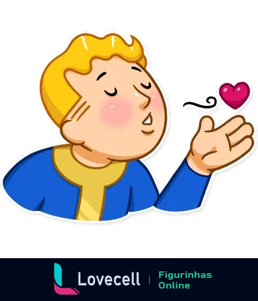 Figurinha do personagem Fallout Vault Boy soprando um beijo com uma mão e criando um coração flutuante, rosto corado.