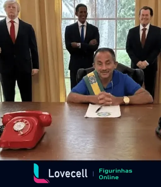 Meme do Manoel Gomes, famoso pelo sucesso Caneta Azul, vestido com faixa presidencial, sentado na mesa da Sala Oval dos EUA.