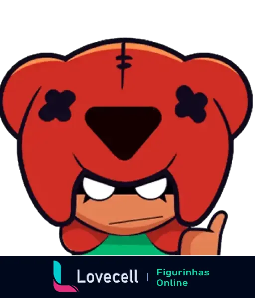 Figurinha do Brawl Stars mostrando um personagem com capuz de urso vermelho e expressão séria, ideal para mostrar desapontamento.