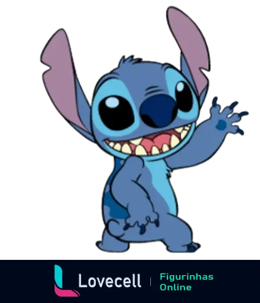 Stitch, personagem azul e alienígena, acenando e sorrindo de forma amigável com os dentes à mostra e orelhas grandes.