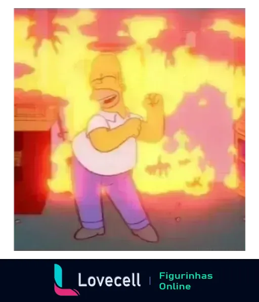 Homer Simpson celebrando com punho erguido e expressão de vitória diante de um incêndio ao fundo