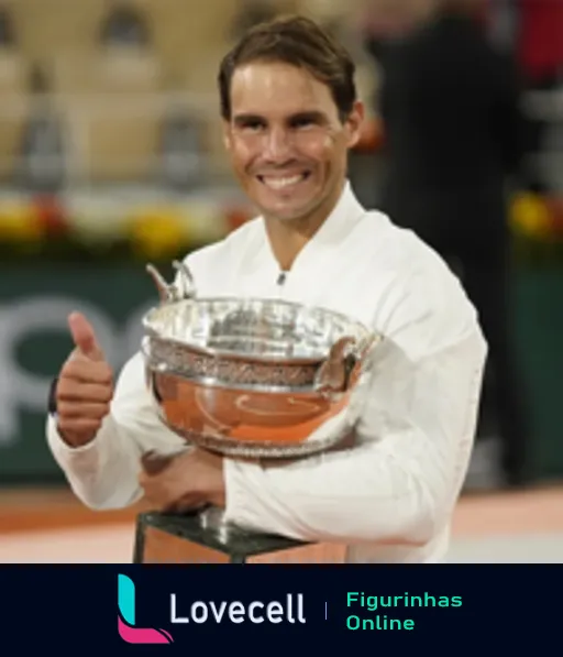 Rafael Nadal sorrindo enquanto segura o troféu de Roland Garros, vestido com jaqueta branca