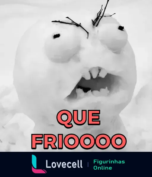 Imagem de boneco de neve assustado com muito frio e neve ao redor com texto 'Que frioooo'