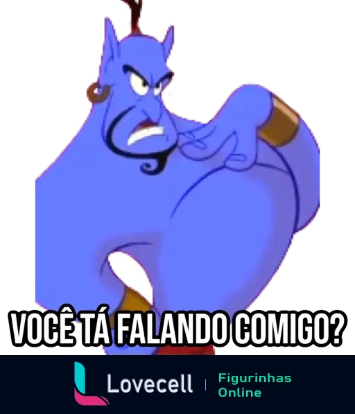 Gênio azul com expressão debochada e desafiadora, perguntando 'Você tá falando comigo?' em tom irônico.