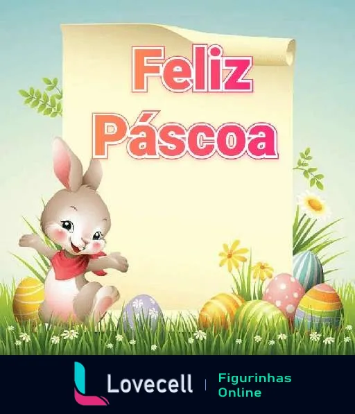 Coelhinho fofo segurando uma cenoura com sorriso, rodeado por grama verde, flores e ovos de Páscoa coloridos em fundo de papel amassado