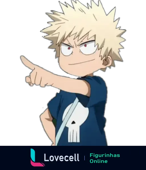 Personagem de Boku No Hero Academia com cabelo loiro espetado, apontando com expressão determinada, usando camiseta azul com desenho de caveira branca.