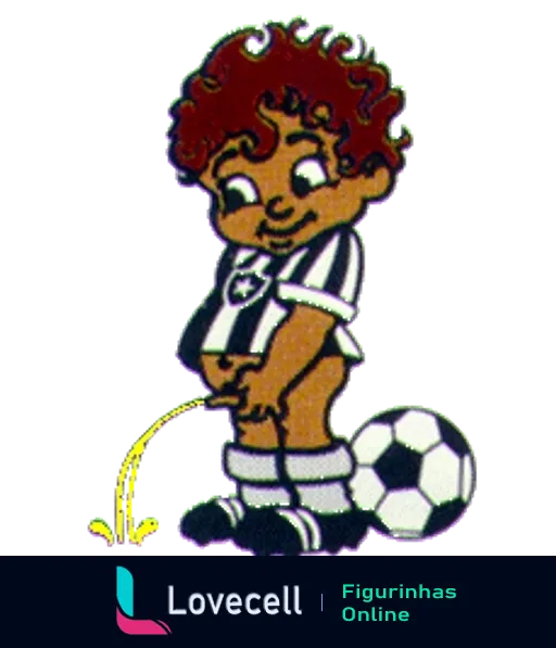 Figurinha do Manequinho, mascote do Botafogo, com uniforme do time, cabelos cacheados, sorrindo e segurando uma bola de futebol enquanto faz xixi, em estilo irreverente e despojado