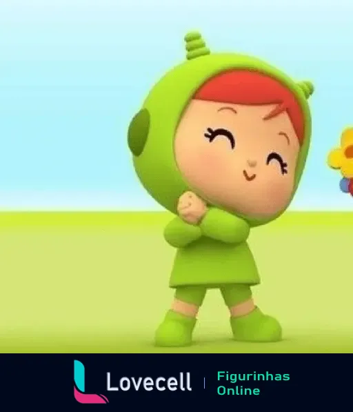 Personagem infantil da série Pocoyo está vestido com um traje verde sorrindo e com gesto de abraçar confiante em um fundo azul e verde.