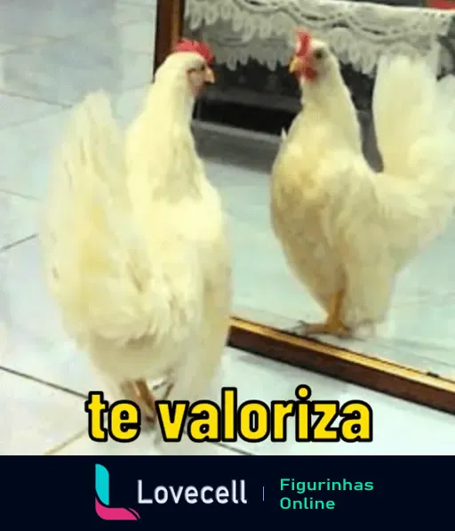 Gif engraçado de galinha se olhando no espelho, com a frase 'te valoriza' em amarelo, promovendo autoestima.