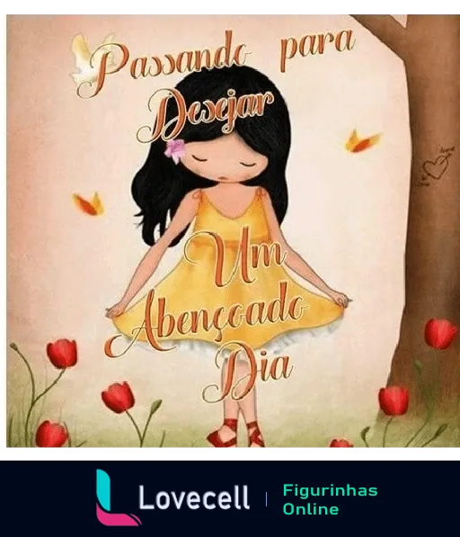 Figurinha de WhatsApp com menina de cabelo longo preto, vestido amarelo e sandálias vermelhas em ambiente ao ar livre com flores e borboletas, frase 'Passando para Desejar Um Abençoado Dia'