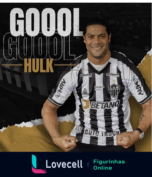 Figurinha do Hulk do Atlético MG comemorando gol, vestido com uniforme listrado preto e branco, patrocínios visíveis, fundo amarelo com 'GOOOL' em destaque