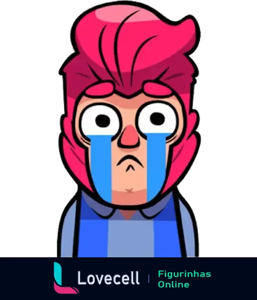 Figurinha do Brawl Stars mostrando personagem com cabelo rosa e lágrimas no rosto, com expressão triste e olhos arregalados.