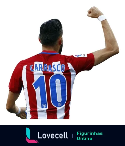 Figurinha de Carrasco comemorando, jogador com camisa do Atlético Madrid número 10, braço erguido, sem fundo