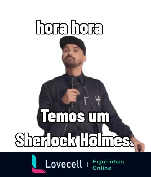 Thiago Ventura com expressão surpresa segurando microfone em palco, vestindo boné e blusa preta, com a legenda 'hora hora Temos um Sherlock Holmes'