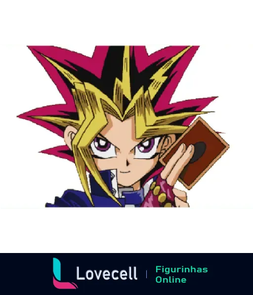 Personagem Yugi do anime Yu-Gi-Oh! segurando uma carta de duelo, com cabelo colorido e expressão determinada.