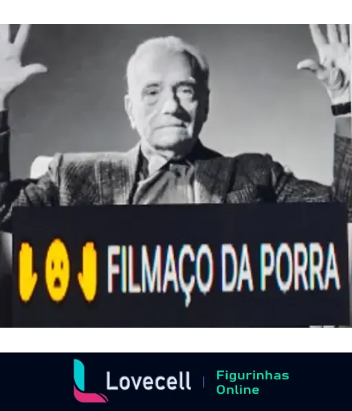 Imagem em preto e branco de um homem com as mãos levantadas. Abaixo, o texto 'FILMAÇO DA PORRA' em letras coloridas. Tema: cinema.