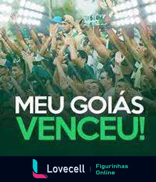 Torcedores do Goiás Esporte Clube comemorando no estádio com bandeiras, texto 'MEU GOIÁS VENCEU!' em destaque