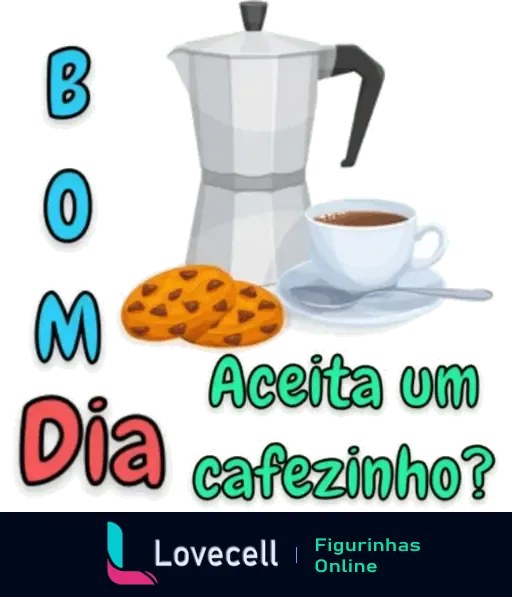 Feliz aniversário: BOM DIA com desejo de um bom dia e oferecendo um cafezinho, com imagem de uma cafeteira, uma xícara de café e biscoitos.