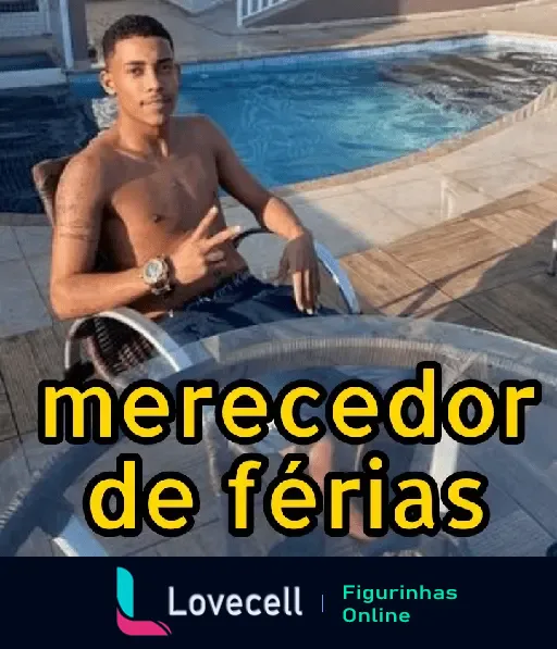 Imagem de MÓ PAZ: MC POZE na piscina sinalizando paz, com texto 'merecedor de férias', ideal para momentos de relaxamento.