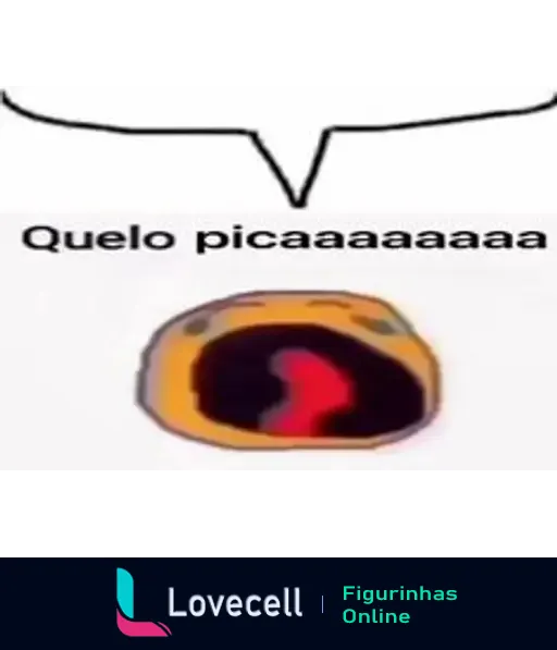 Figurinha com a expressão de um rosto gritando com a boca aberta e o texto 'Quelo picaaaaaaaa' acima. Refere-se a reações exageradas.