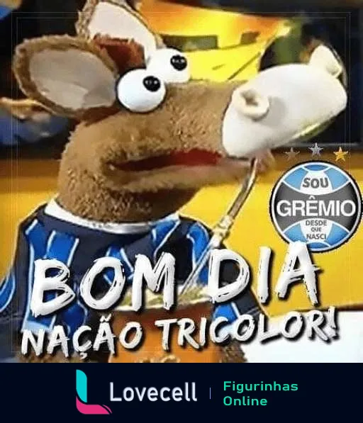 Figurinha de WhatsApp com rato vestindo camisa do Grêmio, segurando um copo de café, com texto 'Bom Dia Nação Tricolor!' e emblema do Grêmio, com a frase 'Sou Grêmio desde que nasci'