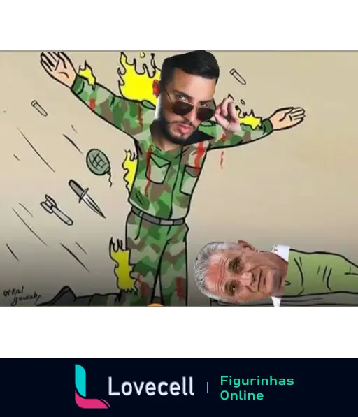 Desenho humorístico de um soldado com rosto substituído por outro, em uniforme camuflado, protegendo alguém no chão enquanto está em chamas e recebendo objetos perigosos. Assinado por OtKal Gen.