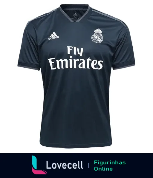 Figurinha da camisa do Real Madrid fabricada pela Adidas, modelo escuro com patrocínio da Fly Emirates em branco, design elegante e esportivo.